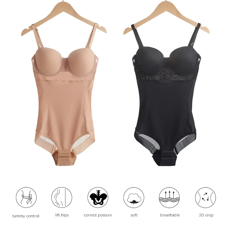 Damen Vintage Bodysuit Unterwäsche Verstellbare Bügel-Bodysuits Schwarz Dehnbar Nahtlose Shapewear Beige – Detail 13
