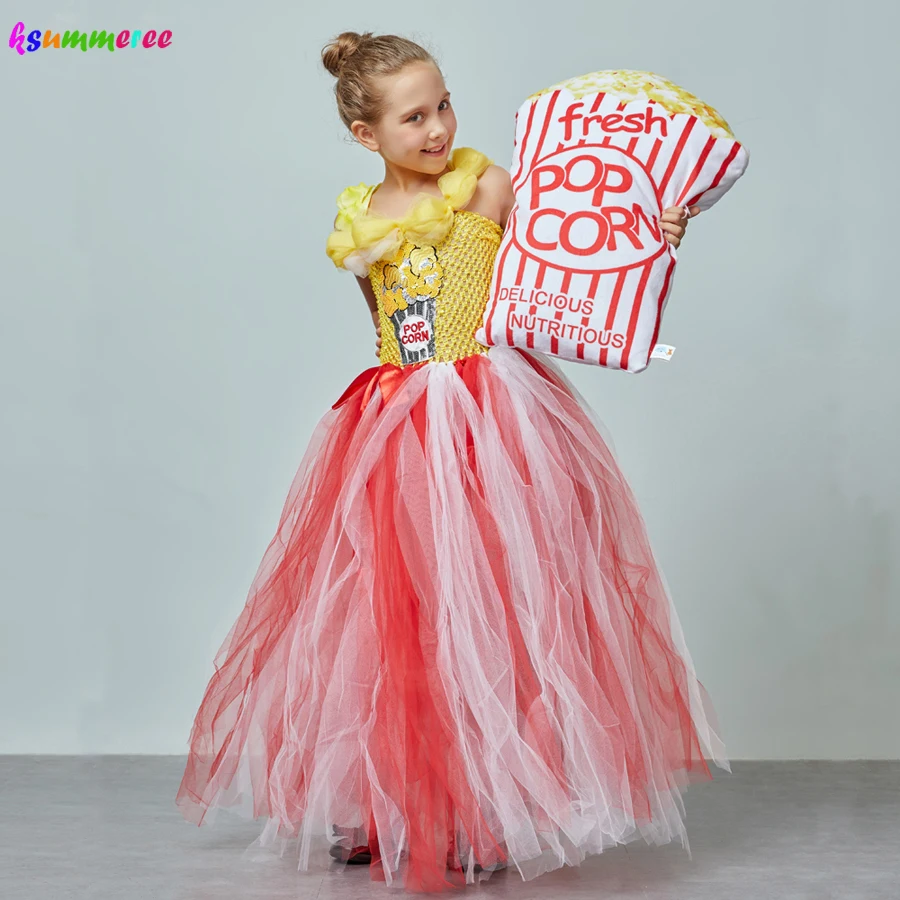 Adorable Popcorn Inspired Girls Tutu Dress Red & White Tulle Children Birthdays Halloween Dress Up Costume Kids Flower Ball Gown