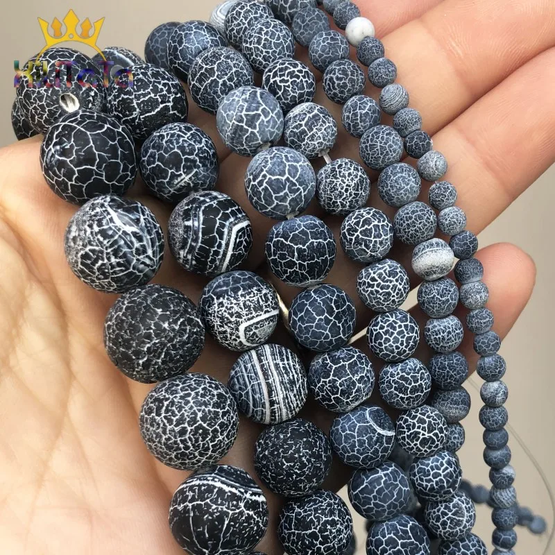 Round Frost Cracked Black Crab Agates Beads Natural Loose Beads For Jewelry Making DIY Bracelets Necklaces 15\'\' 4/6/8/10/12mm