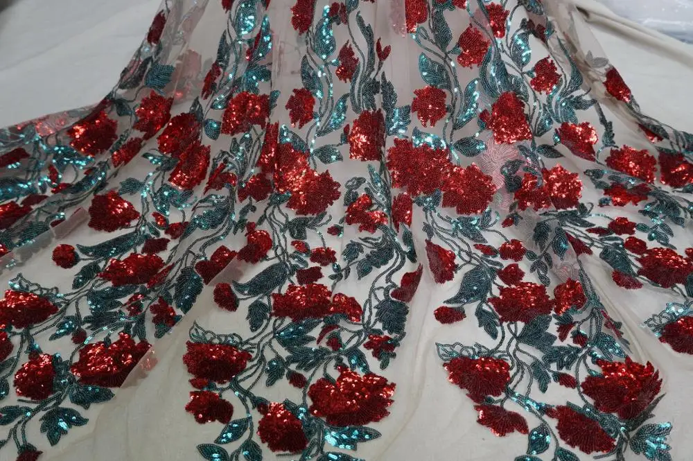 1 Yard Red Sequins Rose Floral Embroidery Tulle Lace Fabric African Sequined Mesh Tulle Fabric For Nigerian Wedding Party Dress