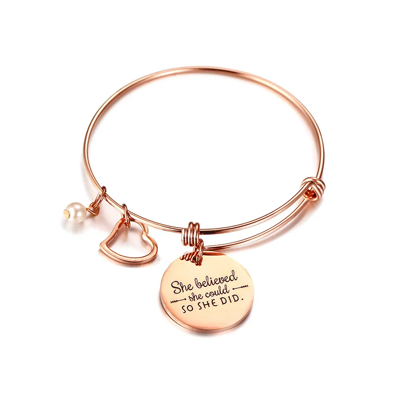 

Attractive Encouragement Titanium steel Bangle Bracelet "She believed she could SO SHE DID" Adjustable Bracelets for Women Girl