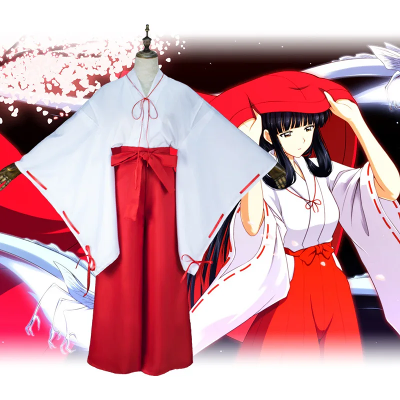 

Anime Inuyasha Kikyo Cosplay Dress Girls Red White Kimono Cosplay Costume Halloween Christmas Party Uniform Kikyo Long Black Wig