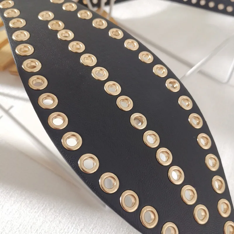 New Gold Rivet Design Belt Fashion Double Pin Buckle Waist Strape Punk Personality Wide Black Elastic Waistbands Lady Coat Dress