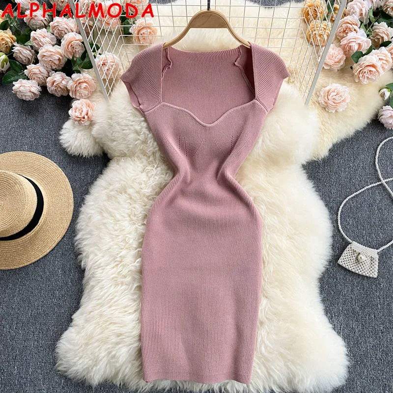 

ALPHALMODA 2021 Women's Square Collar Sexy Wrap Hip Stretchy Knitted Dress Solid Color Pullovers Ladies Fashion Summer Dress