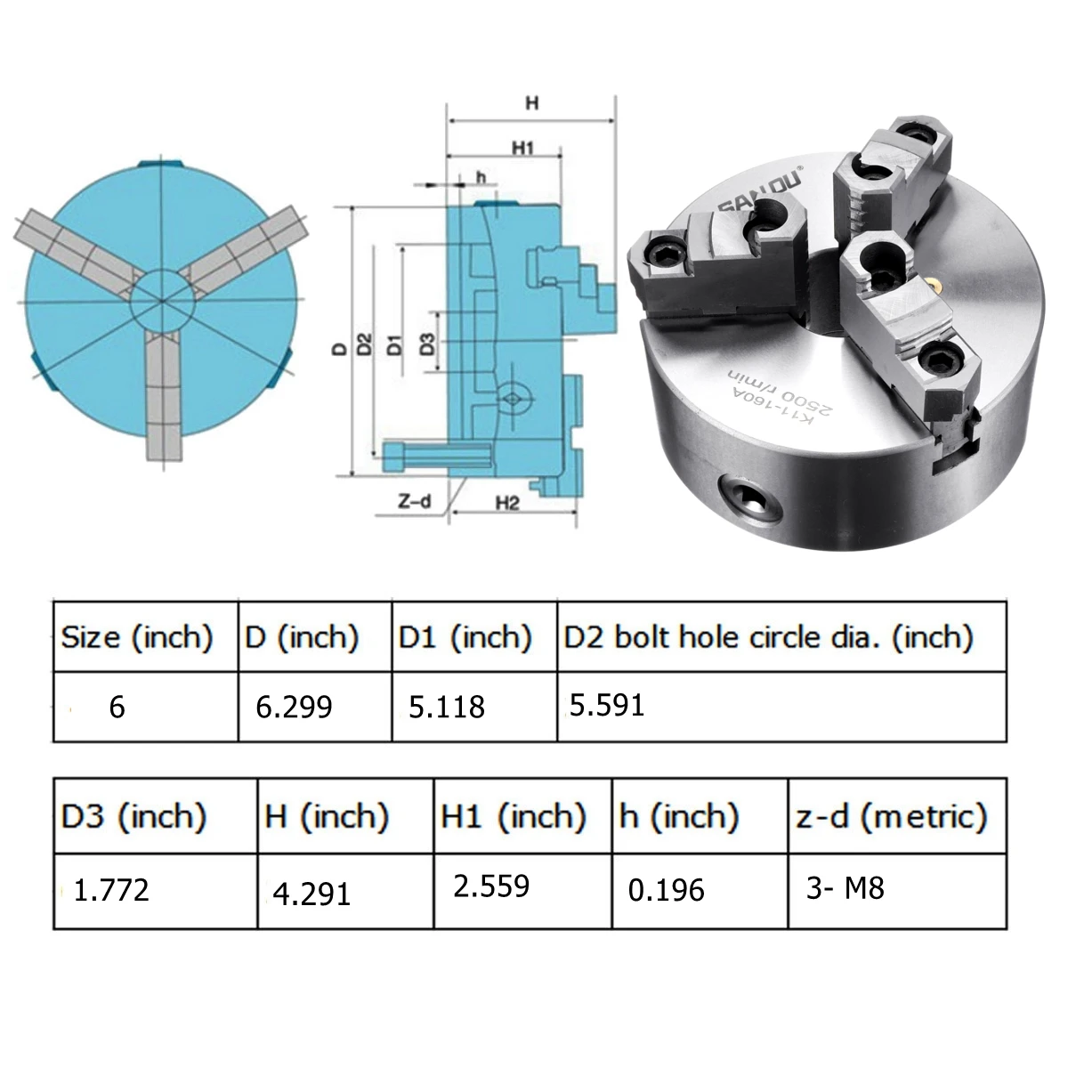 SANOU K11-160A Lathe Chuck 3 Jaw 160mm Self Centering&Reversible Jaw Lathe Parts