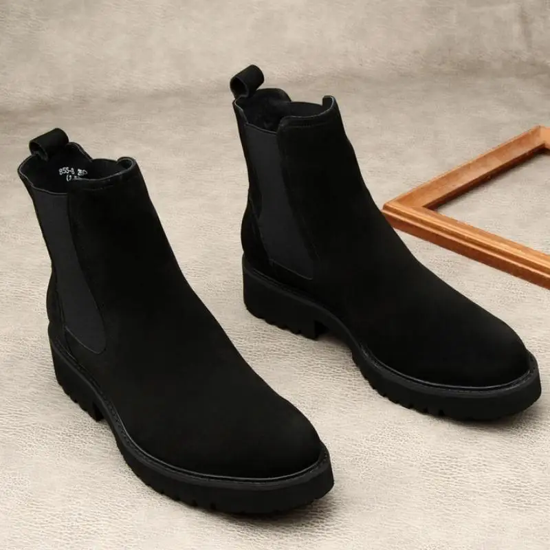 High-Top Suede Leather Boots British Mens Comfortable Business Work Boots Men Height Increase Fashion Chelsea Boots Big Yards 45