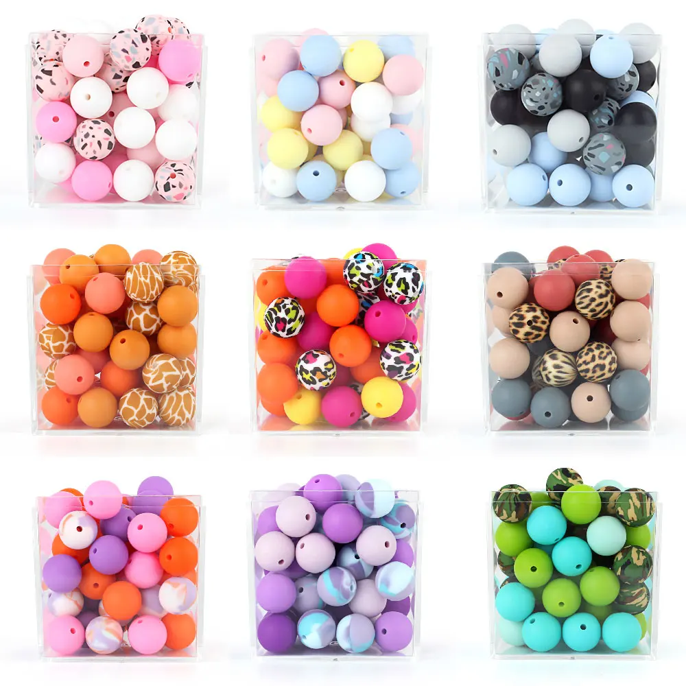 

20pcs 12mm Round Beads Silicone Food Grade Leopard Print Tie Dye Solid Color Baby Teething Bead Teether for DIY Pacifier Chain