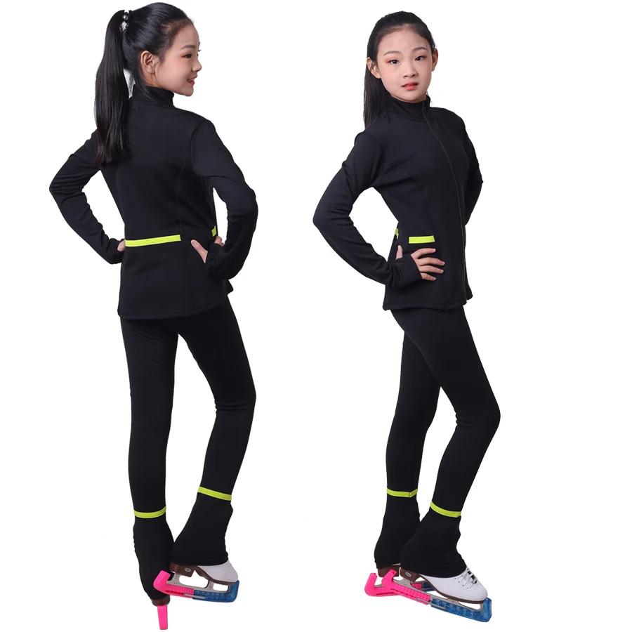 Customized Figure Skating Suits Jacket and Pants Long Trousers for Girl Women Training Ice Skating Warm black pink Mesh sleeve