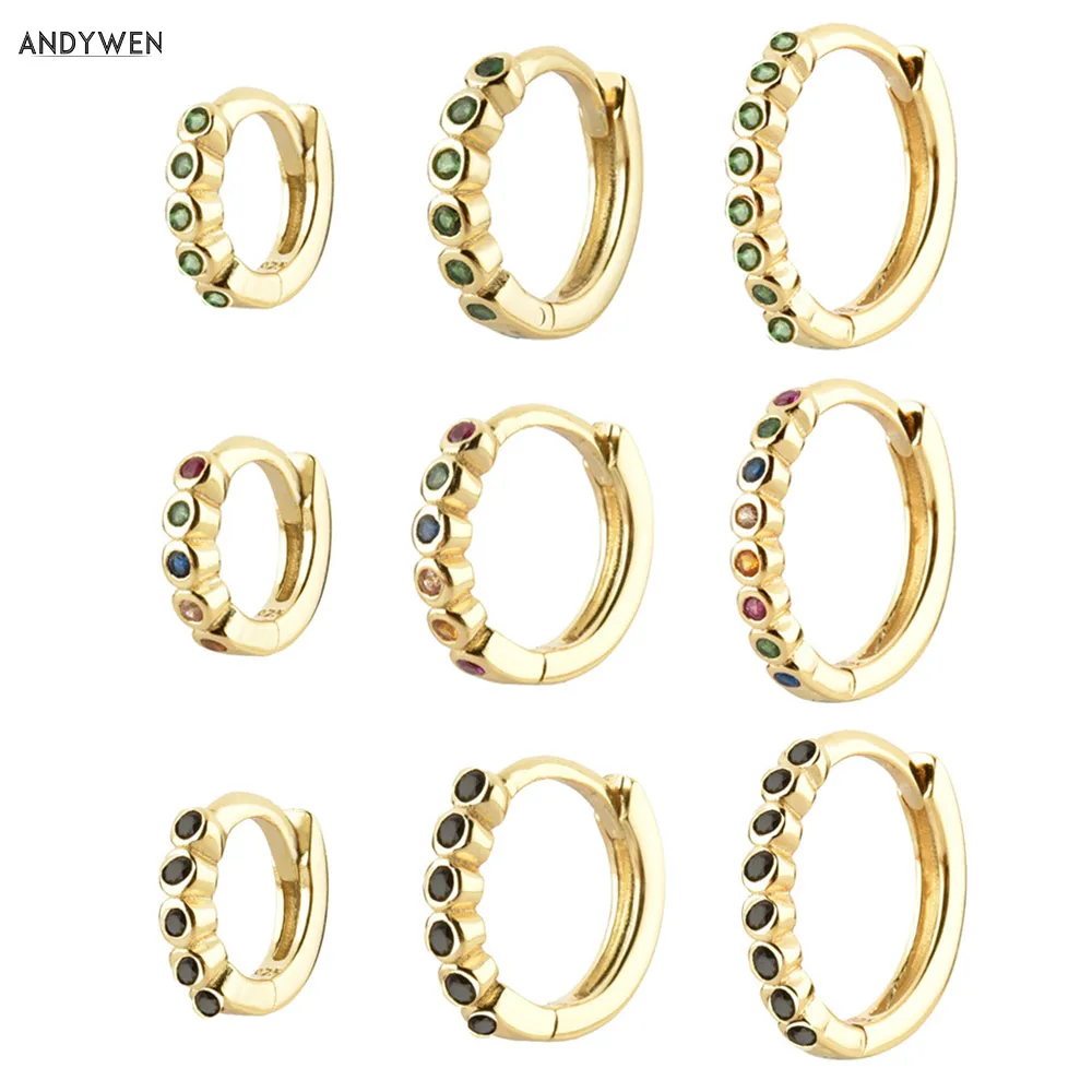ANDYWEN 925 Sterling Silver Three Size Colorful Huggies Circle Hoops Piercing Pendiente Luxury Jewelry Clips Circle Earring