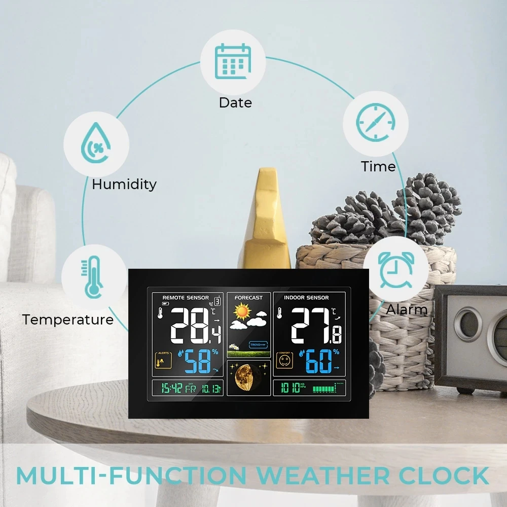 indoor Outdoor hygrometer Thermometer Color Wireless Weather Station Outdoor Remote Sensor Alarm Clock Perpetual Calendar