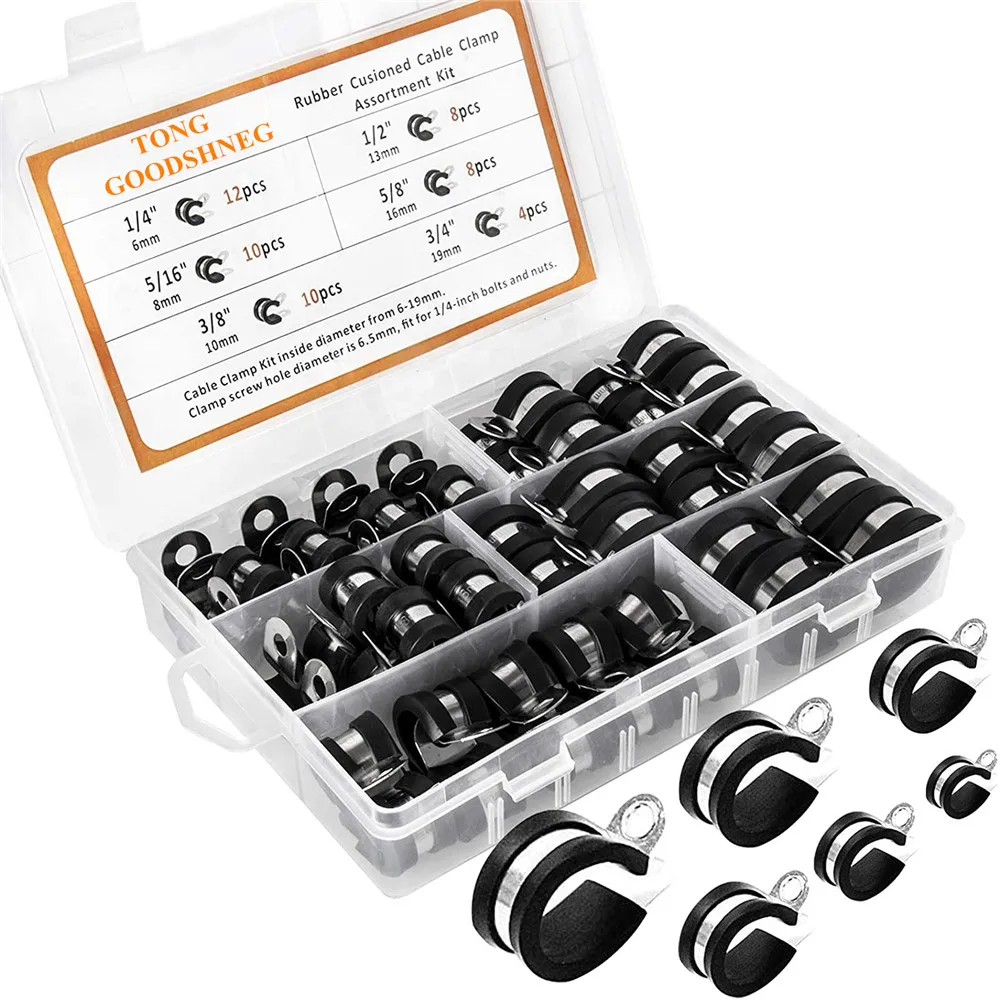 

52pcs 304 Stainless Steel Assorted Cable Clamps Wire Clamp Assortment Kit Rubber Cushioned 1/4'' 5/16'' 3/8'' 1/2'' 5/8'' 3/4''