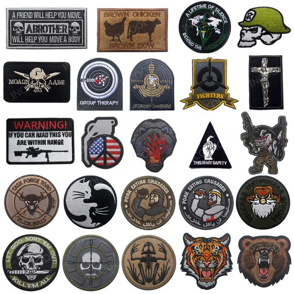 Skull Embroidered Patches Wolf Tiger Bear Pig Shark Frog Cat Cow Dragon Sniper Embroidery Patch For Clothing Backpack