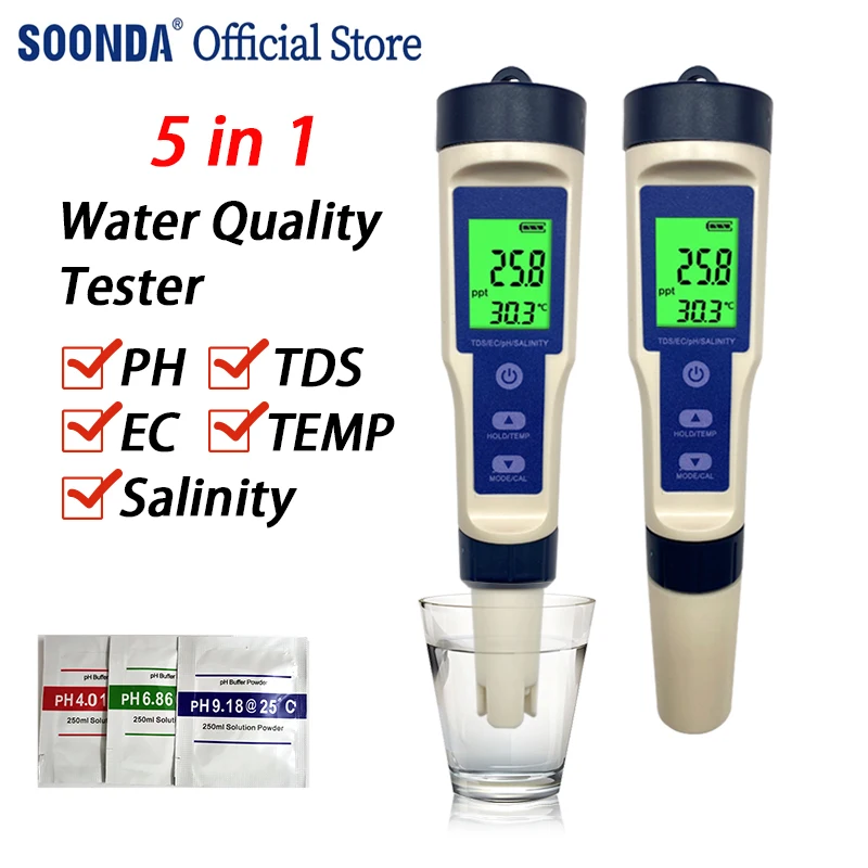 

5 in 1 Water Quality Detection Tester PH/TDS/EC/Temp/Salinity Meter PH Meter Tester TDS Pen for Drinking Water With Backlight