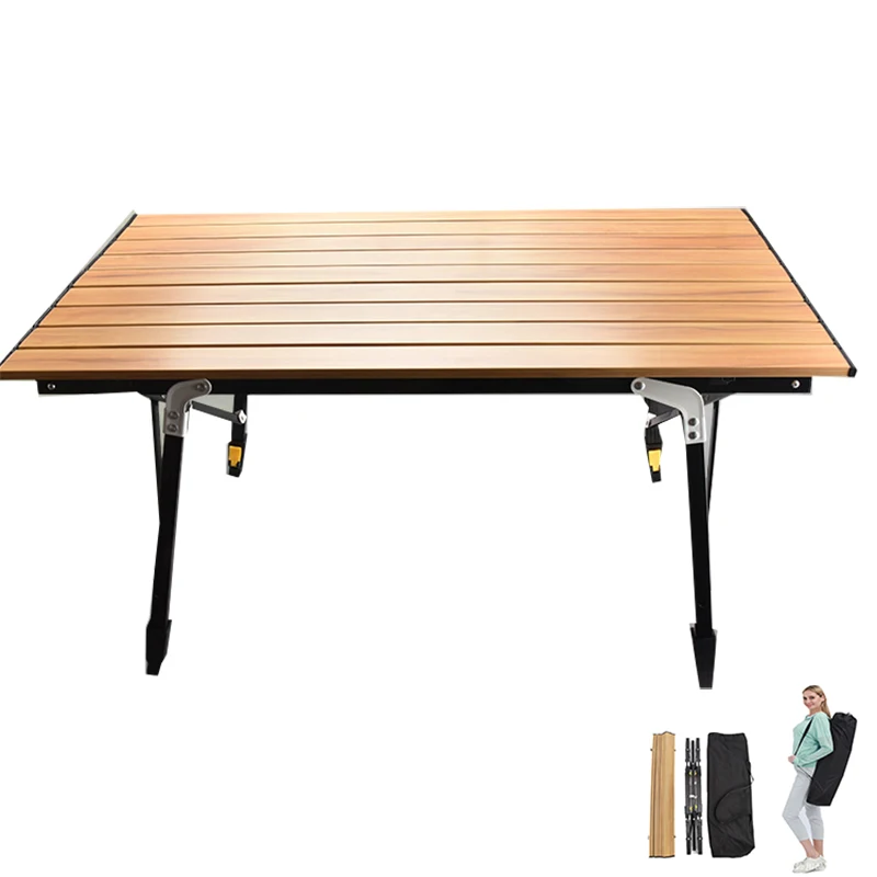 Mesa telescópica plegable portátil para exteriores, mesa multiusos de grano de madera para acampar, escritorio de aleación de aluminio, resistente