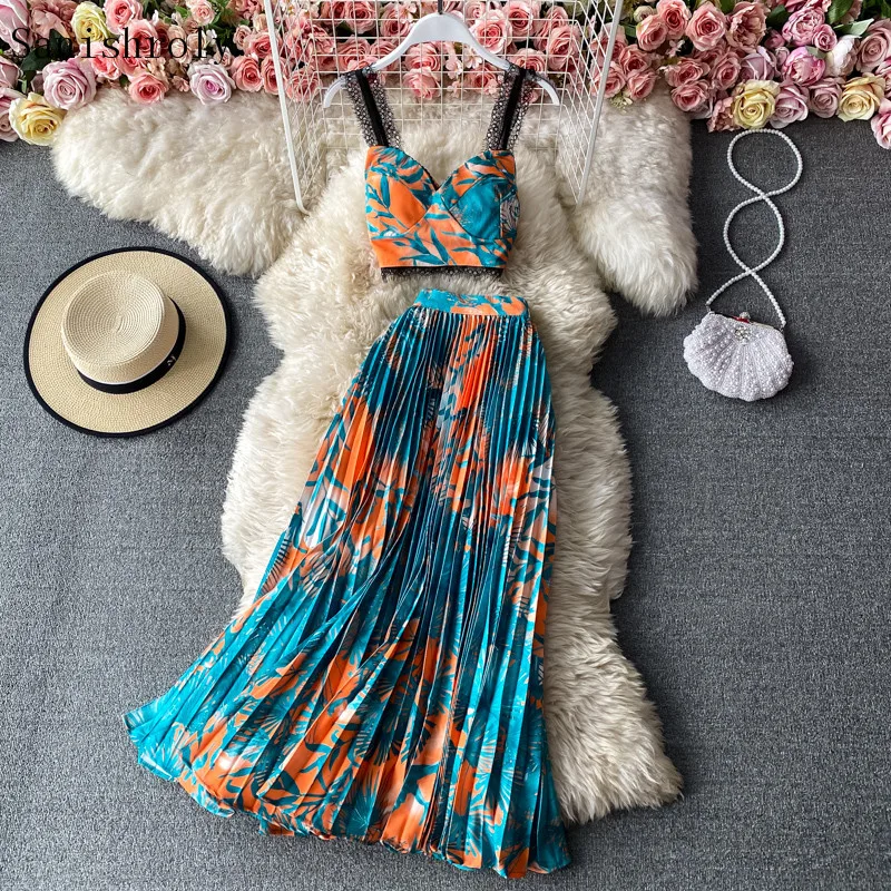 Two-pieces Set 2021 Seaside Holiday Women Floral Print Tank V-Neck Lace Patchwork Camis Large Hem Long Pleated Skirts Suits C137