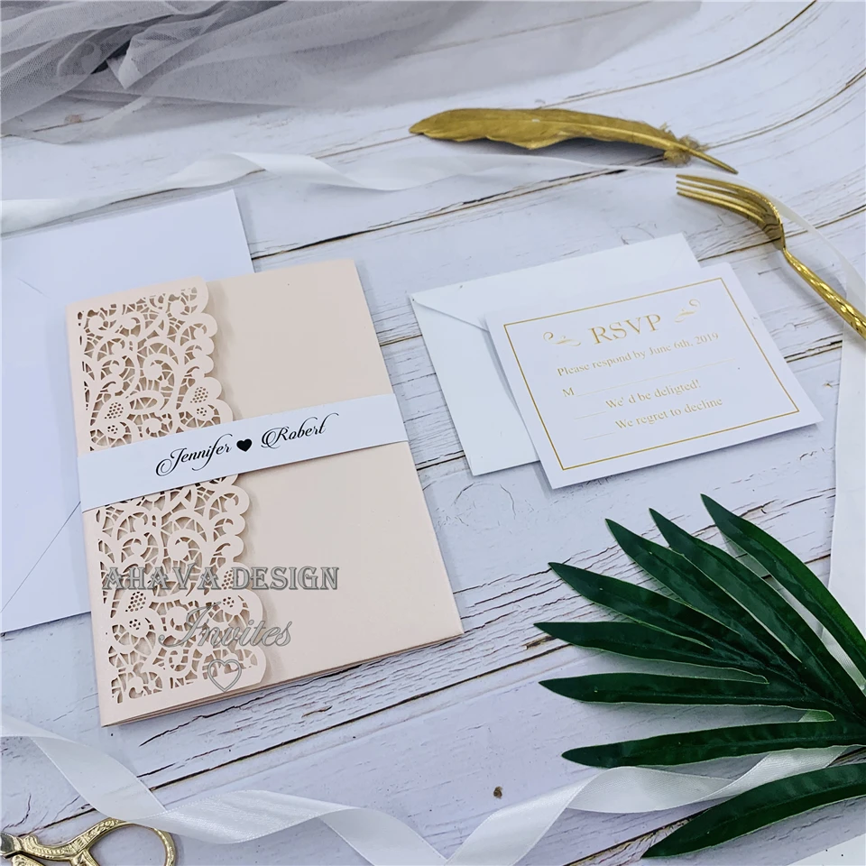 Elegant Blush Tri-fold Lace Laser Cut Wedding Invite With Customized Belly Band&RSVP Card