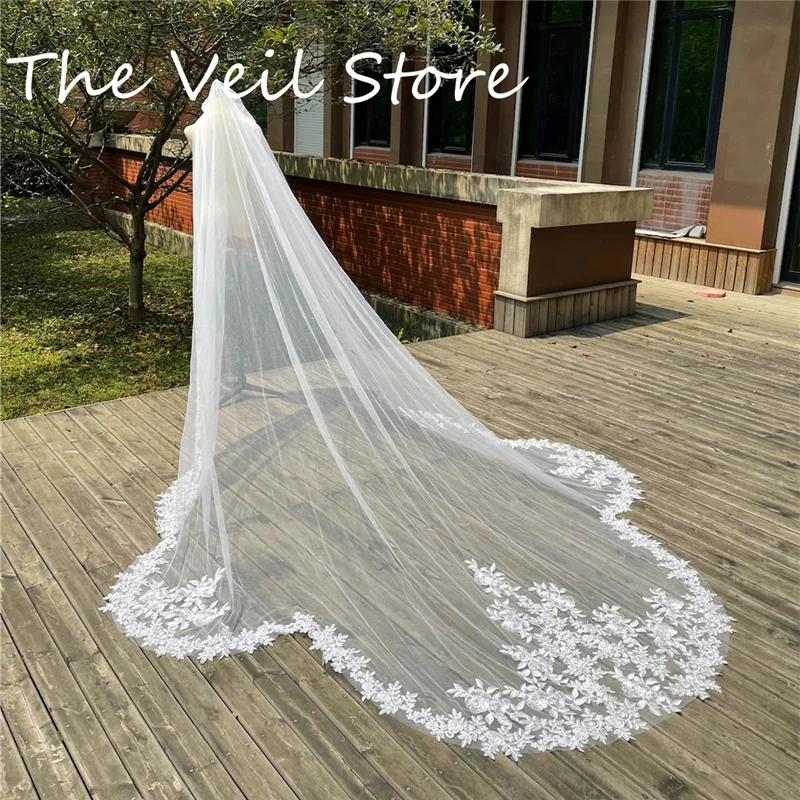 Real Photos 3 Metres Long Bridal Wedding Veils Lace Appliques Ivory White Cathedral Tulle Veil for Brides 3 M Dramatic Scallop