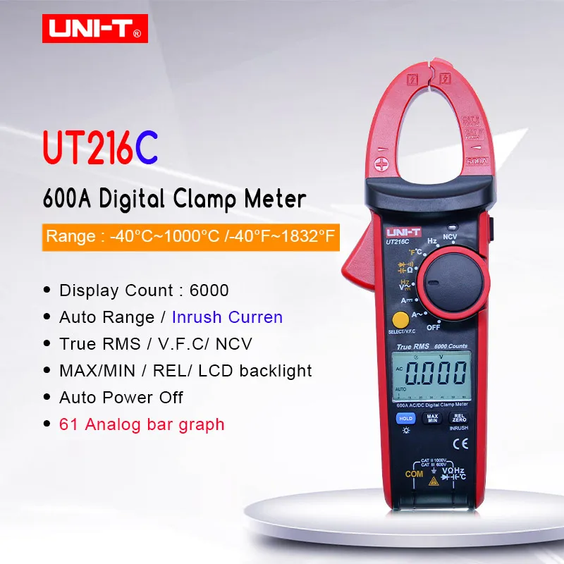 

UNI-T UT216C True RMS Digital Clamp meter AC DC Voltage Current Mutimeter Capacitance Resistance Frequency Thermometer tester