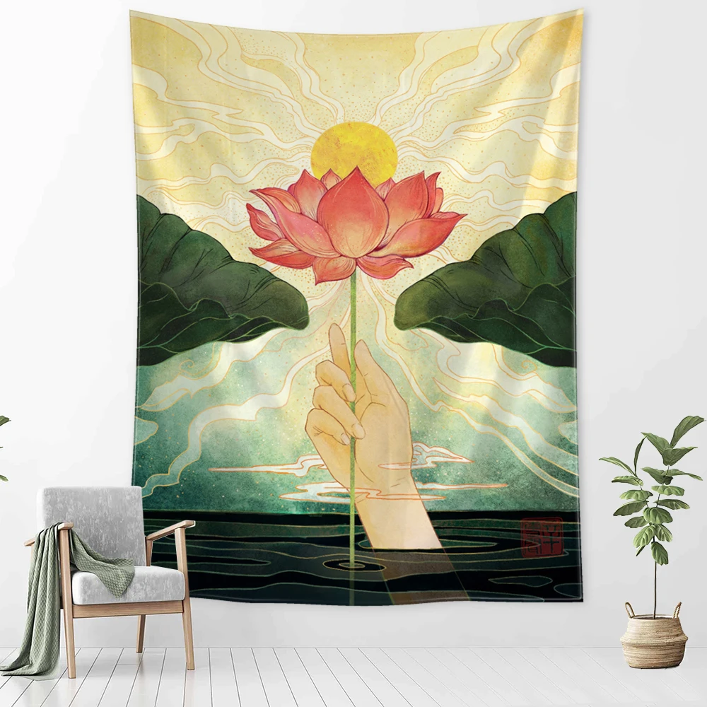 Bergamot Lotus Tapestry Wall Hanging Oil Painting Illustration Bohemian Style Aesthetics Room Home Decor