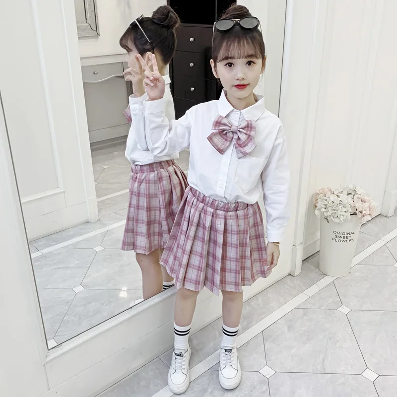 2020 Girls Japanese and Korean Summer High Waist Pleated Skirt Plaid Skirt Children Student JK School Uniform Set