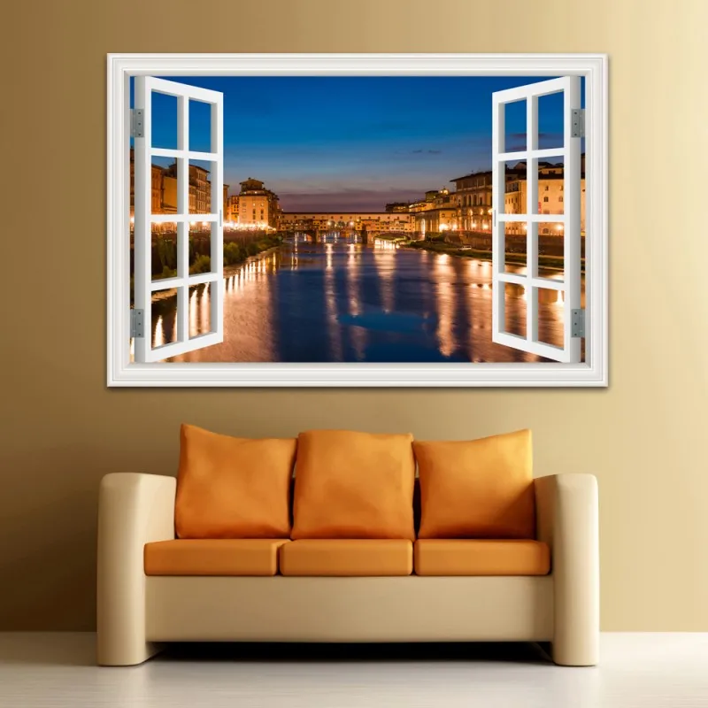 3D Window View Wall Sticker, City Landscape Vinyl Decal, Window Wallpaper Peel and Stick, Home Decor, Living Room Picture