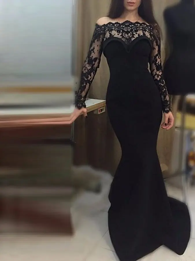 Vestido De noche De encaje negro para mujer, traje elegante De manga larga con hombros descubiertos, estilo sirena, De talla grande, 2024