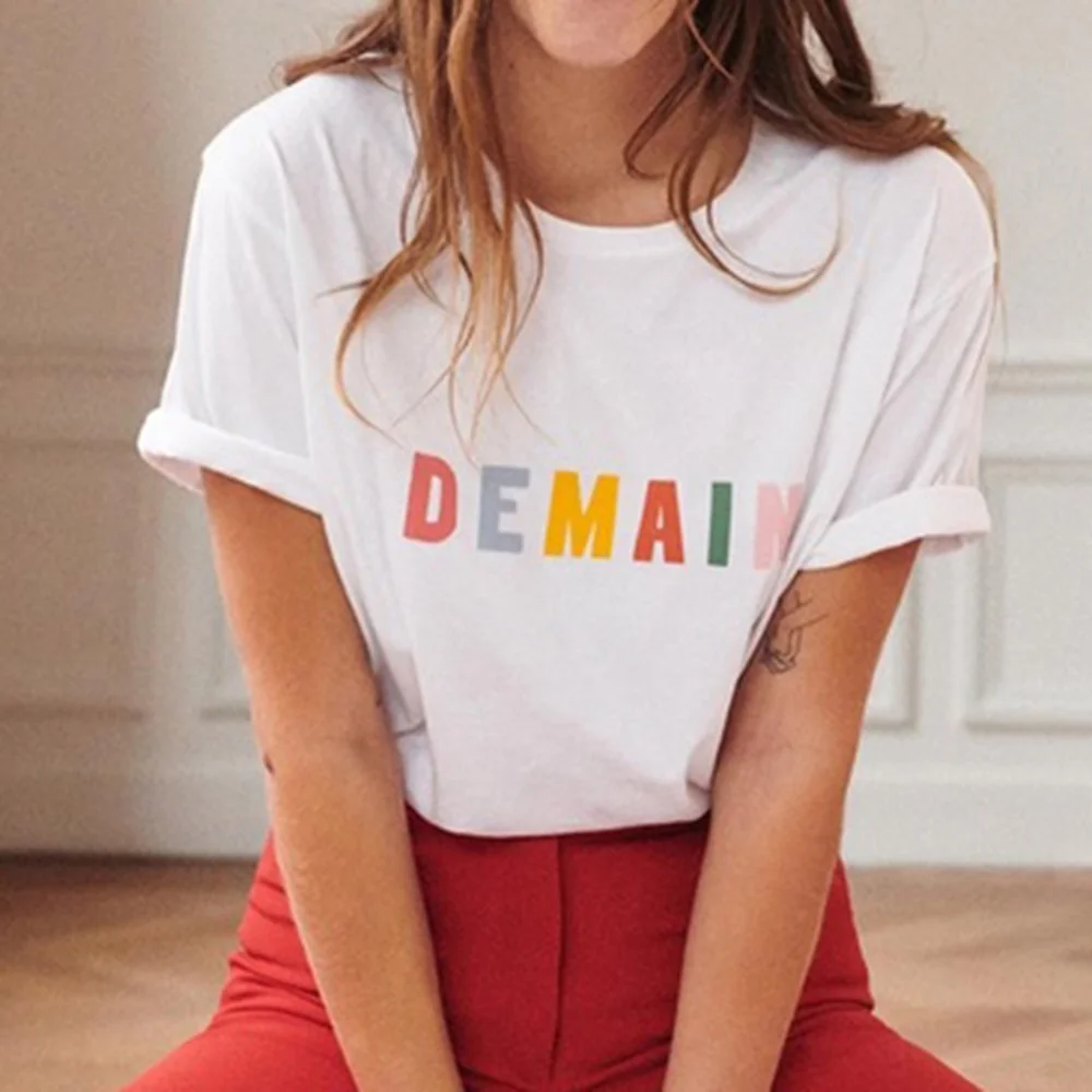 Demain Letter T Shirt Woman Rainbow Color Round Collar Cotton Soft Loose Short Sleeve Tee Chic Vintage Casual T Shirt