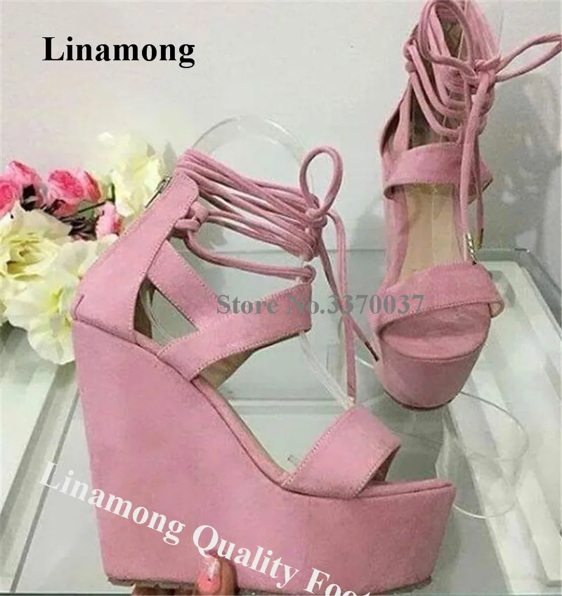 Linamong Girls Elegant Open Toe High Platform Wedge Sandals Pink Suede Ankle Straps Cross Height Increased Wedges Dress Heels