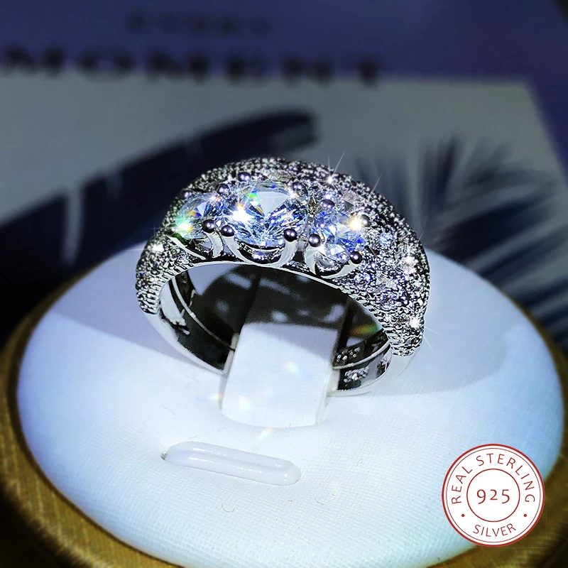 Anillo de Plata de Ley 925 de lujo con circonita blanca exquisita, par adecuado para parejas, joyería de aniversario de boda a la moda