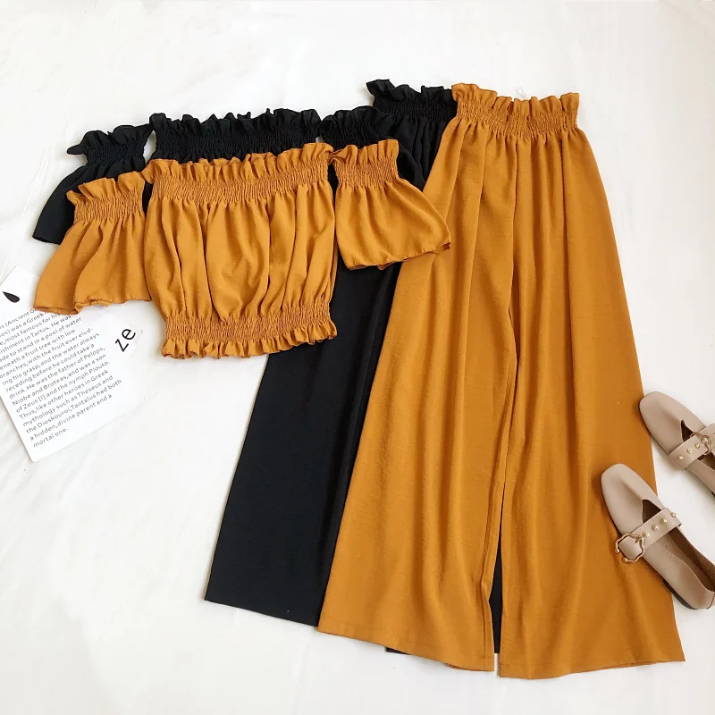 Spring and Summer Versatile One Shoulder Exposed Navel Waist Cinched Short Sleeved+Flower Bud Wide Leg Pants Set for Women