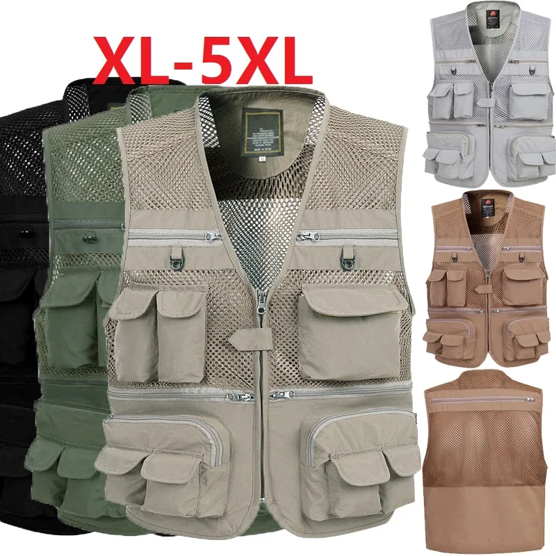 Summer Fishing Mesh Vest Men Outdoor Casual Thin Breathable Multi Pocket Waistcoat Baggy Tactical Vest Photography Blouse Xl5xl