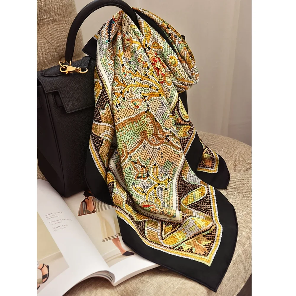 2024 Spring 100% Real Silk Scarf Shawl Unique Print Fashion Head Scarves Hijab 88*88cm