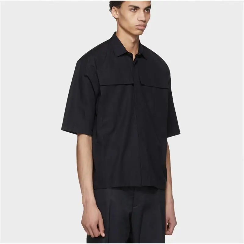 

Men's Short Sleeve Shirt Summer New Solid Color Loose Front Symmetrical Large Pocket Square Collar Half Sleeve Shirt