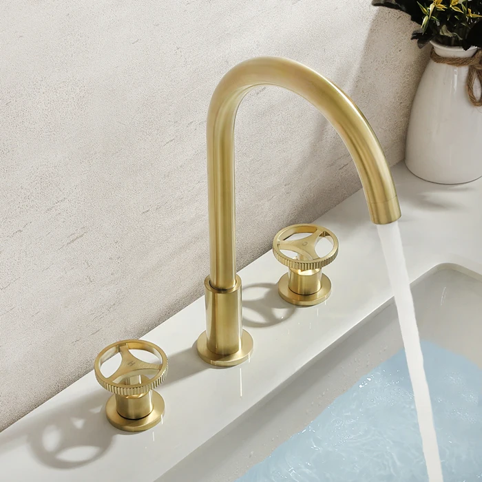 Original design Brushed gold brass bathroom sink faucet Two Handle Three holes Basin mixer faucet Top quality cold hot basin tap