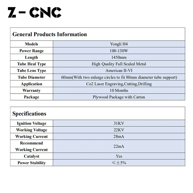 Z-CNC Yongli H4 Co2 Laser Tube 100W 110W 120W 130W L1450mm 10 Months Warranty Replace Yongli R5 A4s Reci T4 W4 S4 V4 Z4 EFR F4