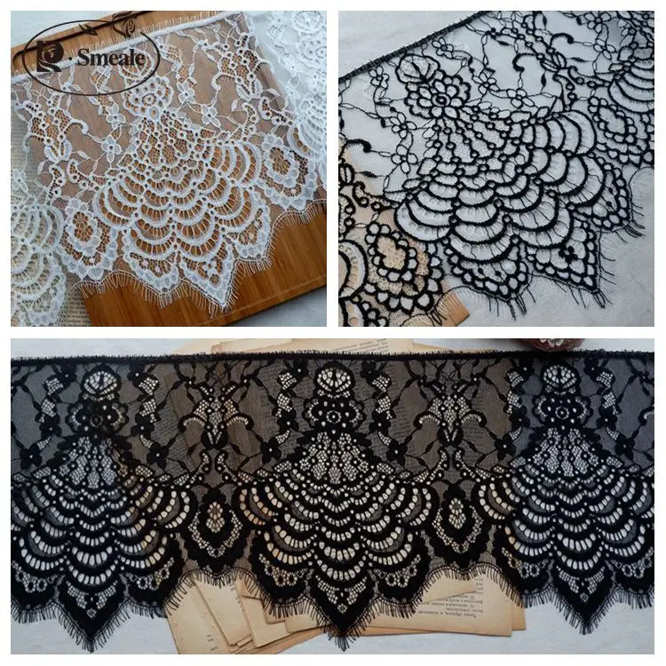 DIY Exquisite Classic Eyelash Lace Decoration, Embroidery Lace Fabric, 24cm Width, Off White, Black, RS673, 6m per Pack