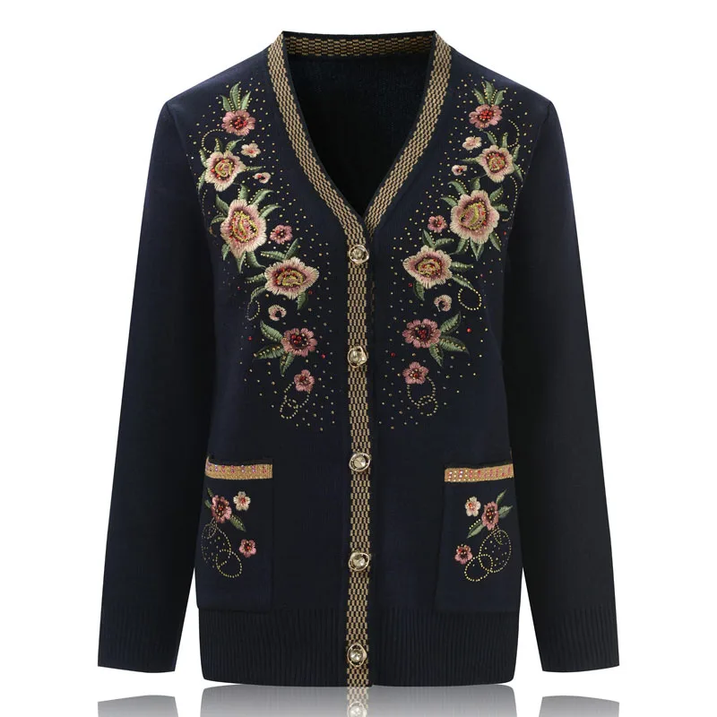 Middle-aged Elderly Women Sweater Cardigan Coat New Autumn  Winter Jacket Long-sleeved Embroidery knitt Sweater Female Tops R616