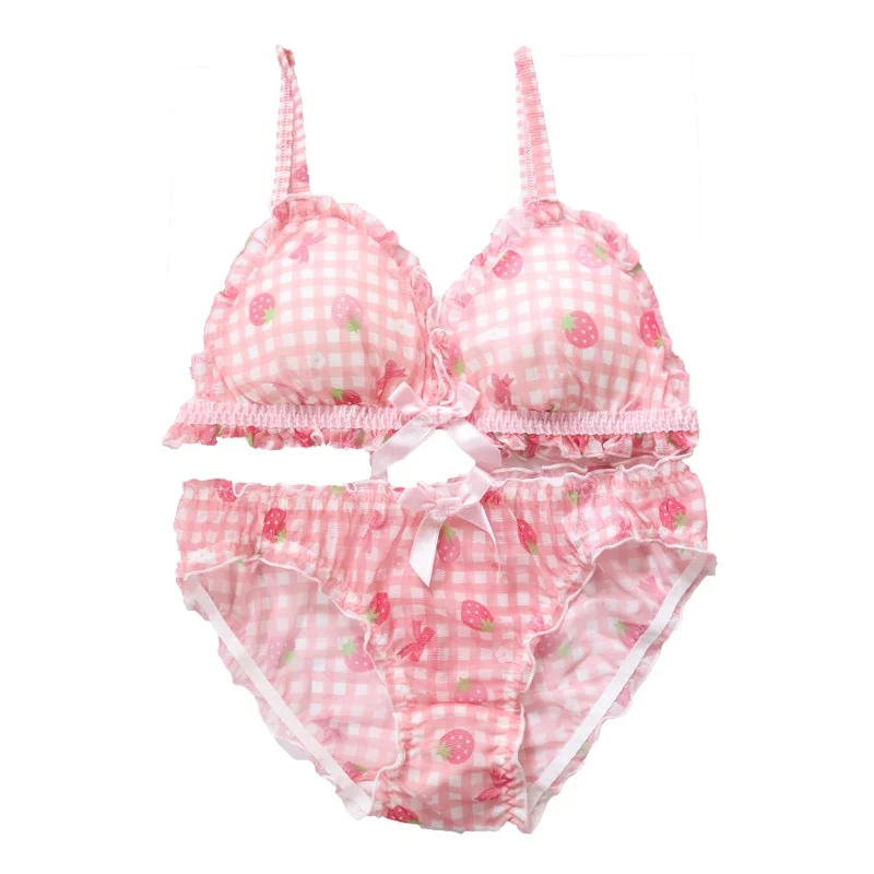 Soft Girl Bra and Panty Set Japanese Kawaii Strawberry Sweet Intimate Pink Bra Lingerie Femme Underwear Set Comfortable Bralette