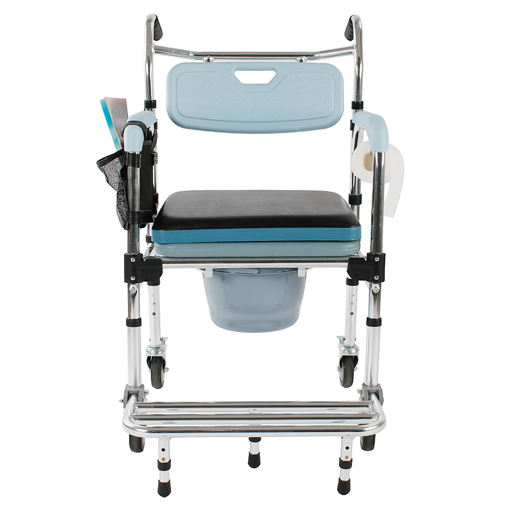 4 in 1 Multifunctional Aluminum Elder People Disabled People Pregnant Women Commode Chair Bath Chair with 4 Wheels Light Blue