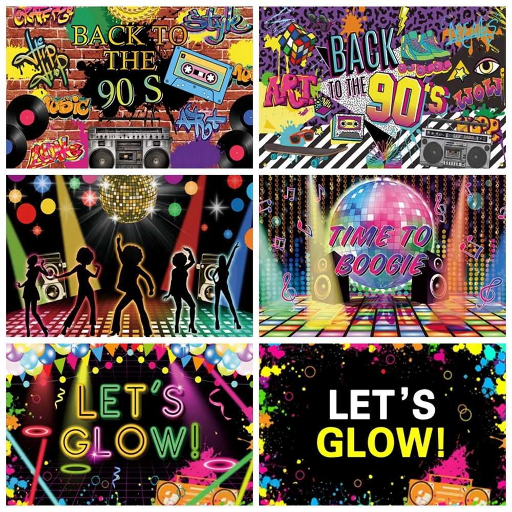 

Yeele 90's Party Backdrop Let's Glow Graffiti Hip Pop Neon Glow 90s Background Music 90th Themed Party Banner Glitter Decoration