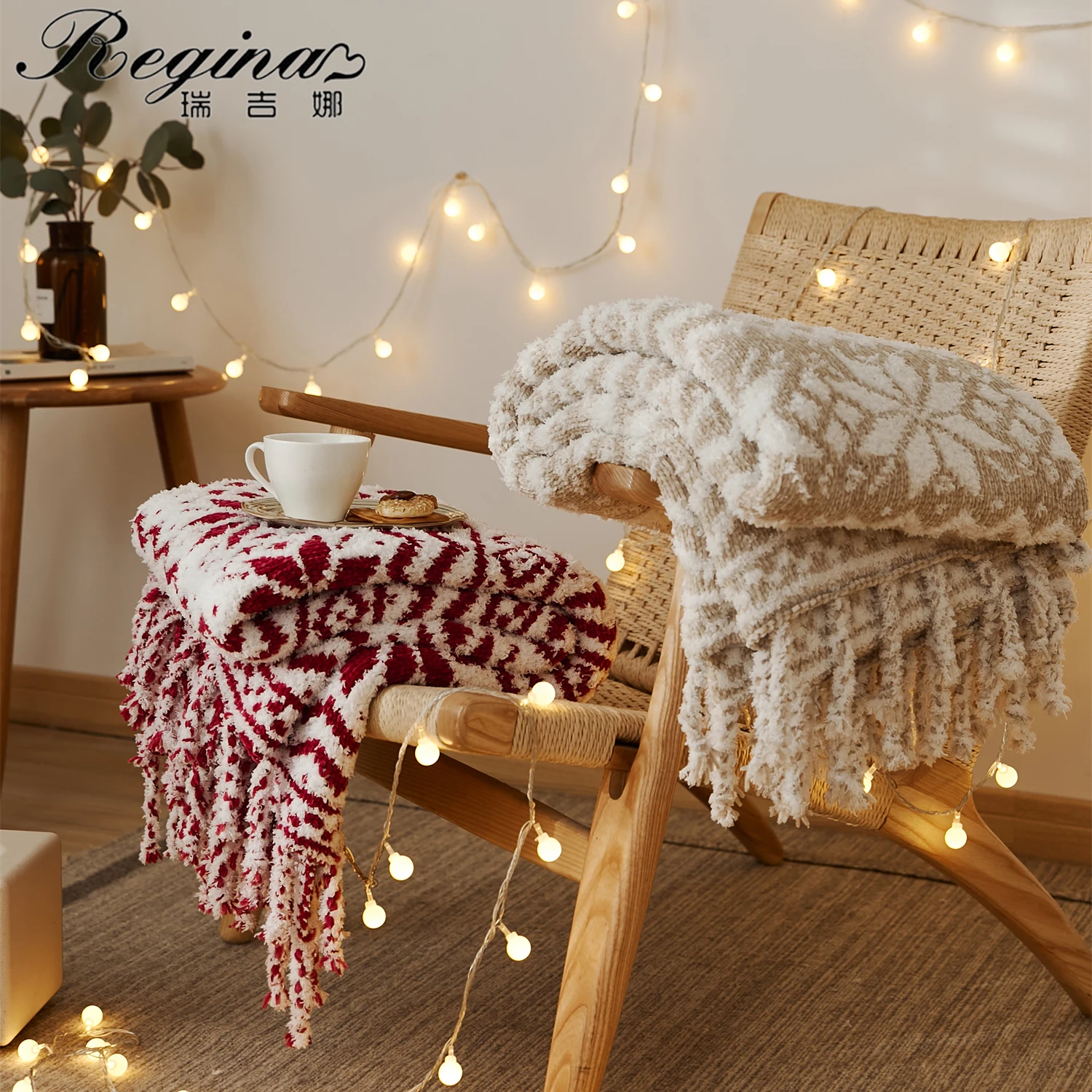 REGINA Brand Christmas Chunky Knit Blankets Cozy Microfibe Tufted Knitted Wine Beige Fringes Home Decor Gift Plaid Throw Blanket