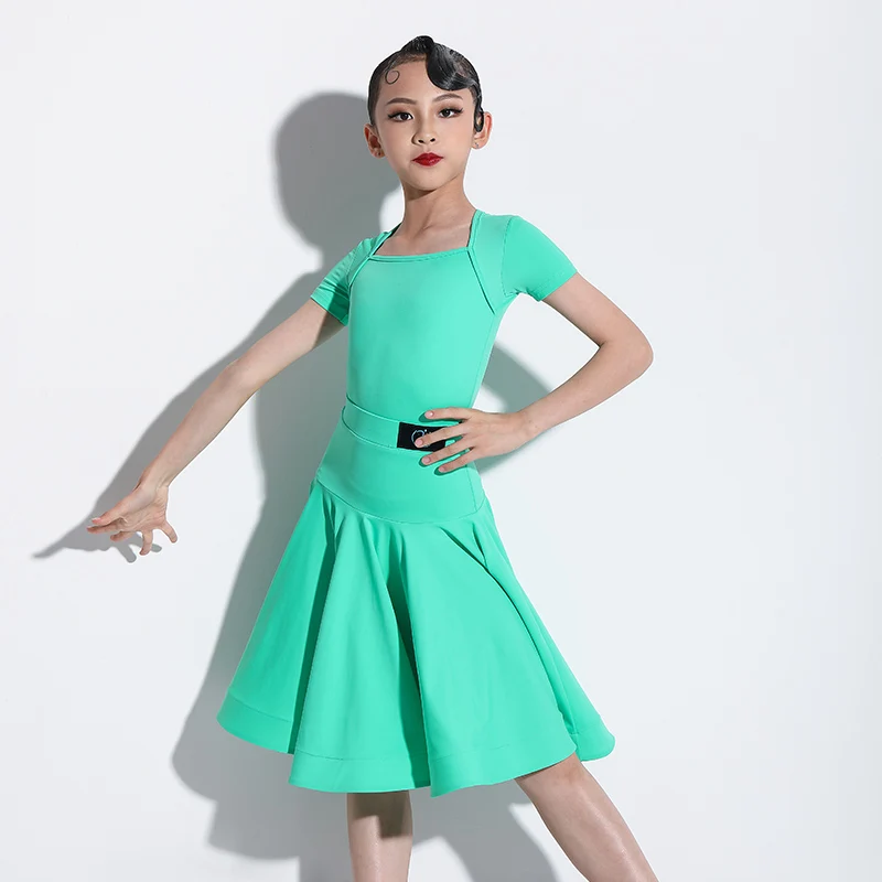 

Children'S Ballroom Dance Competition Dress Girls Short Sleeves Tops Skirts Kids RumbaTango Cha Cha Latin Dance Dress DWY5720