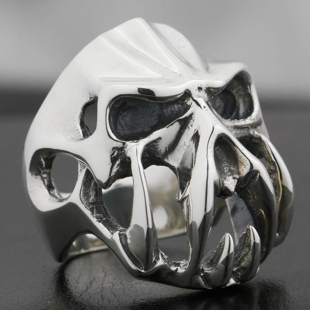 925 Sterling Silver Devil Alien Skull Tiger Tooth Mens Biker Ring 8V004 US Size 7~15