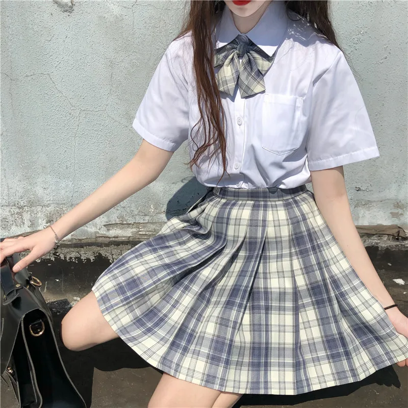 Korean Girl Outfit Sweet 2020 Summer New Short Sleeve Bow Shirt JK uniform  school girl skirt  uniformes  estudiantes