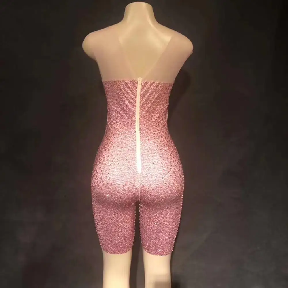 Sexy Roze Zilveren Steentjes Playsuit Nachtclub Prom Party Jumpsuits Vrouwen Stretch Skinny Bodysuits Jazz Singer Mv Dans Outfits