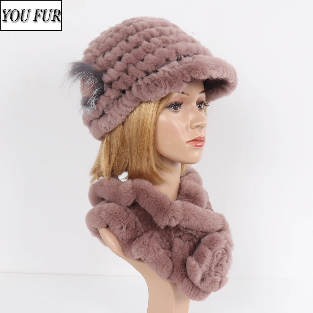 

Rex Rabbit Fur Hat Scarf Sets Women Winter Warm Real Rex Rabbit Fur Cap Scarves 2 Pieces Natural Knitted Real Fur Hats Muffler