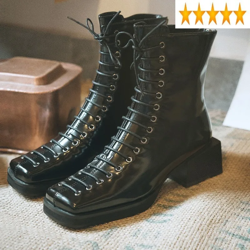 

Vintage Toe Motorcycle Gothic Women Personality Black Cross-Tied Square Heel Ankle Boots Designer Fashion Shoes
