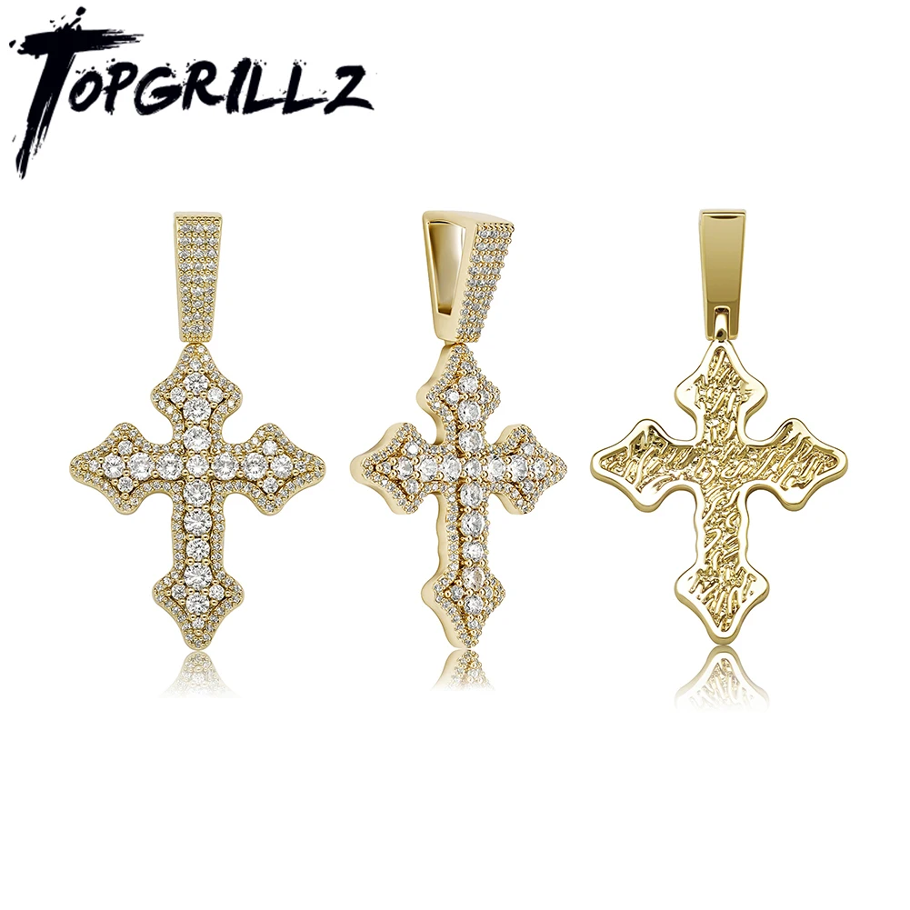 TOPGRILLZ Iced Budded Cross Pendant Necklace in Yellow Gold High Quality Jewelry Accessories For Women Fashion Pendant