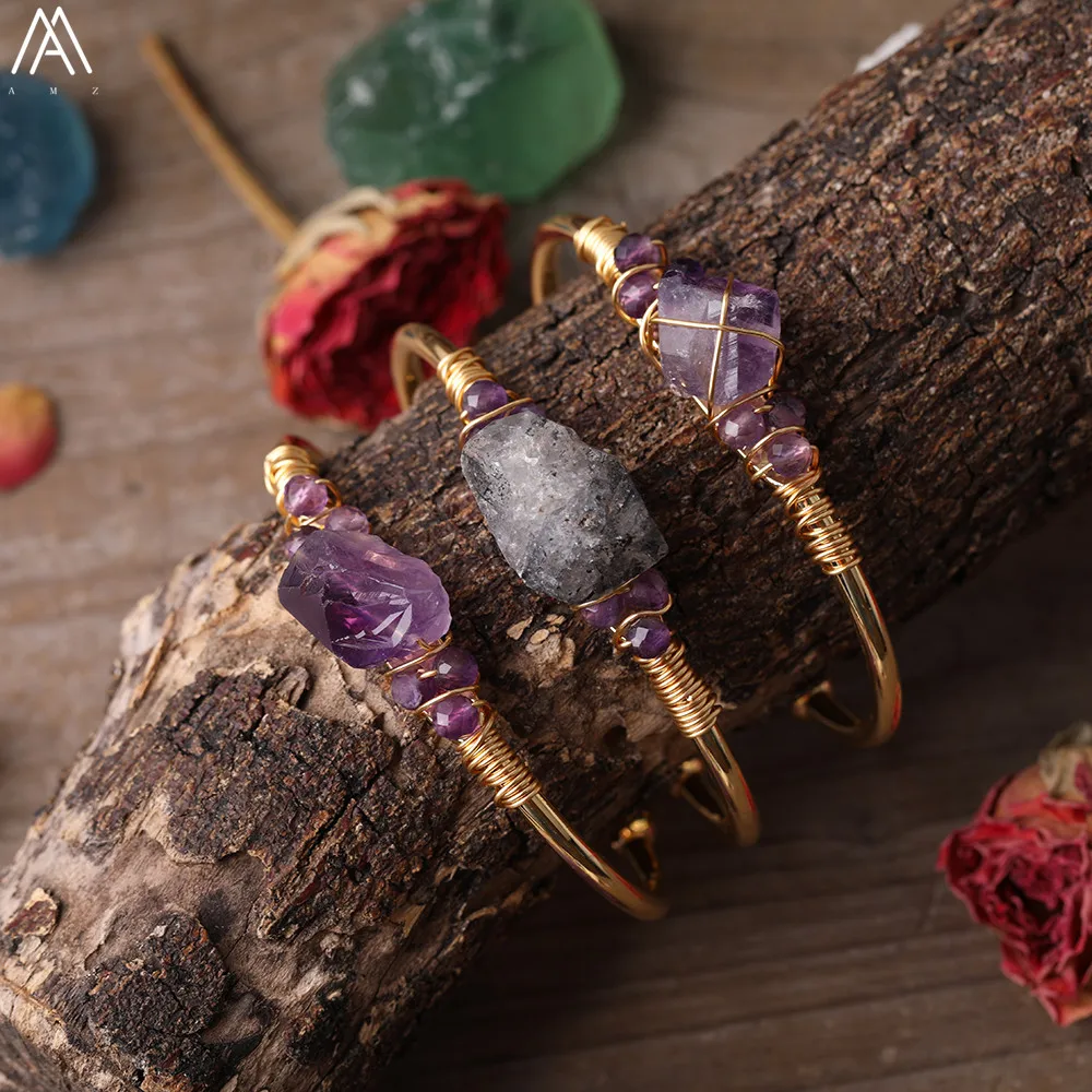 Gold Copper Wire Wrapped Natural Phantom Quartz Amethysts Quartz Chunky Nugget Beads Open Cuff Bangles Women Bracelets Jewelry