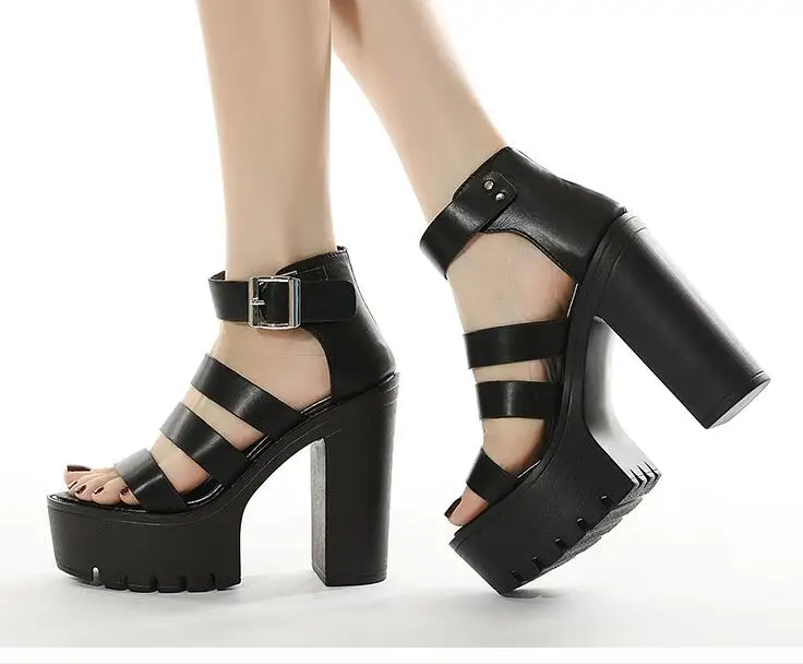 

Fashion Black Summer Genuine Leather Sandals Open Toe Women Sandles Thick Heel Shoes Gladiator Shoes New Sexy Large size